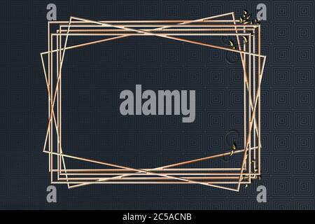 Invitation avec cadres en cuivre doré sur fond noir avec motif optique. Design de couvertures artistiques, texture moderne colorée.tendance, art déco, or graphique, brochure. Illustration 3D de luxe. Copier l'espace Banque D'Images