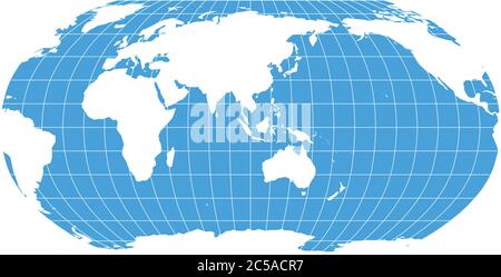 Carte du monde en Robinson projection avec méridiens et grille de parallèles. L'Asie et l'Australie. Terre blanche et mer bleue. Illustration vectorielle. Illustration de Vecteur