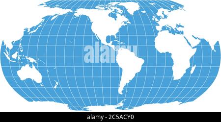 Carte du monde en Robinson projection avec méridiens et grille de parallèles. Centré sur les Amériques. Terre blanche et mer bleue. Illustration vectorielle. Illustration de Vecteur