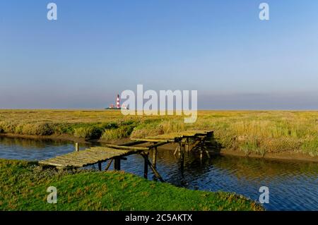 Pré salé, fossé et passerelle devant le phare de Westerheversand sur la péninsule d'Eiderstedt, Frise du Nord, Schleswig-Holstein, Allemagne Banque D'Images