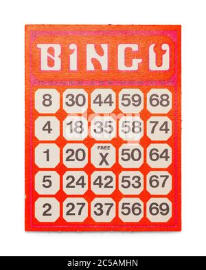 Ancienne carte de bingo rouge isolée sur blanc. Banque D'Images