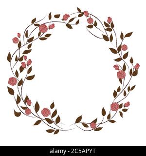 Couronne avec roses roses roses et feuilles vertes. Illustration de Vecteur