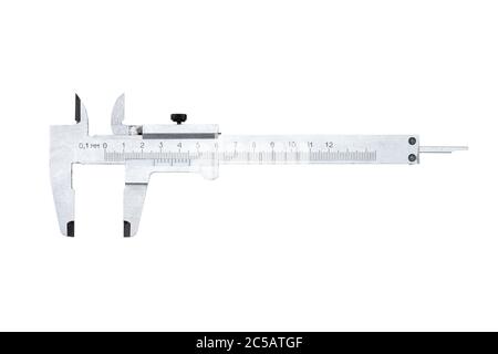 outil technique pied à coulisse pour mesurer les tailles, isolé sur fond blanc. Banque D'Images