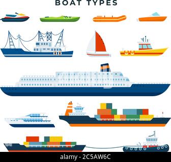 Types de bateau et de bateau, définir. Transport d'eau. Illustration vectorielle de style plat. Illustration de Vecteur