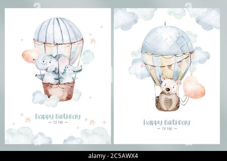 Dessin animé ballons air fête d'anniversaire illustrations. Dessin main bébé douche air ballon. Enfants vêtements de pépinière mode design, carte d'invitation d'anniversaire Banque D'Images