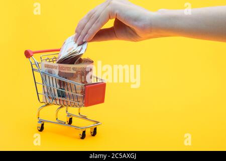 La main met cinq millième de plus dans un panier d'épicerie plein d'argent Banque D'Images