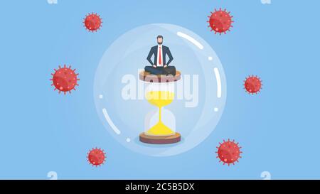 La méditation d'homme d'affaires quarantaine dans la bulle. Surpris par virus. Attendez la fin de la crise d'infection à coronavirus 2019 ou Covid-19. Distance sociale ou Illustration de Vecteur