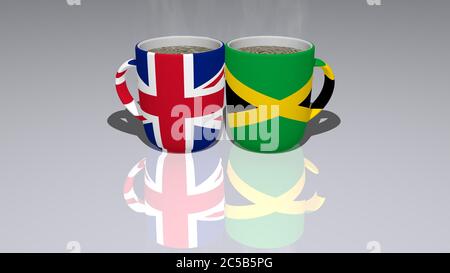 royaume-uni jamaïque placé sur une tasse de café chaud dans une illustration 3D avec une perspective réaliste et des ombres miroirs sur le sol Banque D'Images