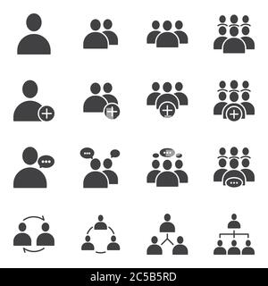 Ensemble simple d'icônes pleines de glyphe à vecteur plat liées aux personnes d'affaires. Contient des documents tels que Réunion, communication d'entreprise, travail d'équipe, connexion, parler Illustration de Vecteur