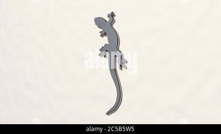 lézard sur le mur. Illustration 3D de sculpture métallique sur fond blanc à texture douce. Animal et vert Banque D'Images