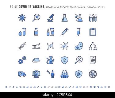 Ensemble simple d'icônes de la ligne de développement du vaccin contre le coronavirus Covid-19, telles que la recherche clinique, les anticorps, le laboratoire, le système immunitaire, le traitement, Illustration de Vecteur