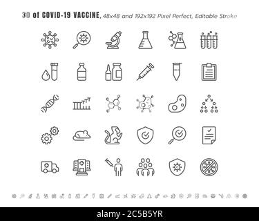 Ensemble simple d'icônes de la ligne de développement du vaccin contre le coronavirus Covid-19, telles que la recherche clinique, les anticorps, le laboratoire, le système immunitaire, le traitement, Illustration de Vecteur