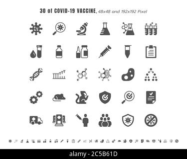 Ensemble simple de Covid-19, coronavirus Vaccine Development Solid Glyph Icons. Tels que la recherche clinique, anticorps, laboratoire, immunitaire, traitement, I Illustration de Vecteur