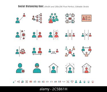 Ensemble simple de personnes ou d'utilisateurs de distance sociale. Coronavirus 2019 ou Covid-19. Par exemple travail à domicile, quarantaine, éviter les risques. Contour rempli I Illustration de Vecteur