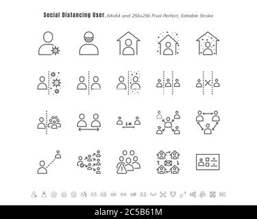 Ensemble simple de personnes ou d'utilisateurs de distance sociale. Coronavirus 2019 ou Covid-19. Par exemple, quarantaine, distance physique. Icônes de contour des lignes fines Illustration de Vecteur