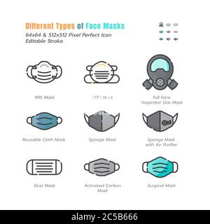 Différents types de masques faciaux. Covid-19, maladie du coronavirus 2019 prévention. N95, masque chirurgical et plus encore. Ensemble d'icônes de contour plein. Contour modifiable. V Illustration de Vecteur