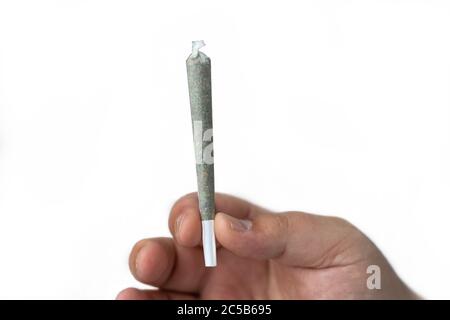 Les mains de sexe masculin contiennent des joints de mauvaises herbes roulés au cannabis ou à la marijuana, ou une cigarette prête à fumer sur fond blanc. Banque D'Images