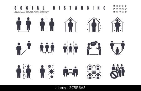 Ensemble simple de social distance, maladie du coronavirus 2019 Covid-19 des icônes de glyphe solide telles que rester à la maison, quarantaine, travail à la maison, éviter Crowde Illustration de Vecteur