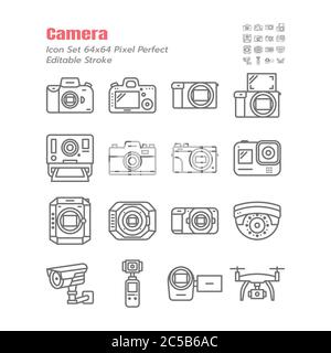 Ensemble simple d'icônes de contour fin de vecteur d'appareil photo, telles que reflex numérique, sans miroir, instantané, action Cam, film, compact, Drone, Cinématographie, cinéma, numérique A. Illustration de Vecteur
