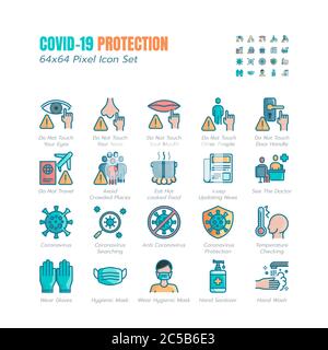 Jeu simple d'icônes plates Covid-19 protection. Icônes comme directives mesures de protection, prévention des coronavirus, hygiène, solution, sensibilisation, Illustration de Vecteur