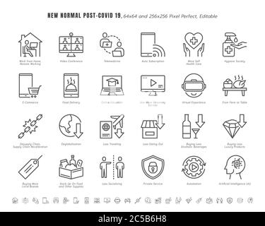 Ensemble simple de la nouvelle normale après coronavirus 2019 ou Covid-19 se termine. Par exemple, streaming, achats en ligne, réétalonnage des approvisionnements. Icônes de contour de ligne Illustration de Vecteur