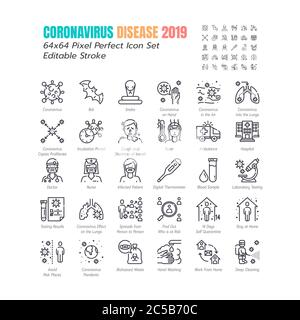 Ensemble simple de coronavirus Disease 2019 Covid-19 lignes d'icônes, telles que les symptômes, l'infection, les tests de laboratoire, la distanciation sociale, rester à la maison, Quara Illustration de Vecteur