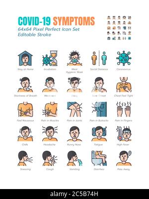 Ensemble simple de symptômes Covid-19 rempli Outline Icons. Tels que la toux, mal de gorge, vomissements, social distance, coronavirus, rester à la maison, Incubati Illustration de Vecteur