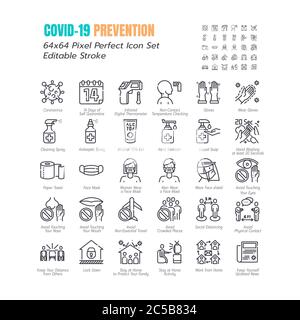 Ensemble simple d'icônes de ligne COVID-19 de prévention des coronavirus. Telles que gants, masque, social distance, rester à la maison, quarantaine, éviter le contact de fermeture 64 Illustration de Vecteur