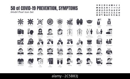 Ensemble simple d'icônes de glyphe de prévention Covid-19. Telles que les icônes de protection, coronavirus, social distance. Illustration de Vecteur