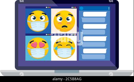 emojis portant un masque médical à la page sur appel vidéo, visages jaunes utilisant le masque chirurgical blanc dans l'ordinateur portable Illustration de Vecteur
