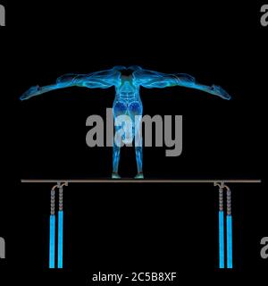 muscle femme faisant un gymnastique sur des barres de paralels sur fond blanc, illustration 3d Banque D'Images