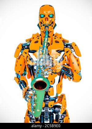 android jouant saxphone, illustration 3d Banque D'Images