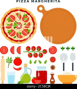 Pizza classique Margherita et tous les ingrédients pour la cuisine. Faites votre pizza. Ensemble de produits et d'outils pour la fabrication de pizzas. Illustration vectorielle. Illustration de Vecteur