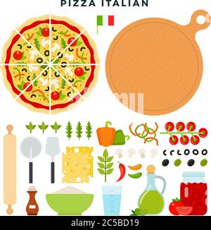 Pizza italienne classique et tous les ingrédients pour la cuisine. Faites votre pizza. Ensemble de produits et d'outils pour la fabrication de pizzas. Illustration vectorielle. Illustration de Vecteur