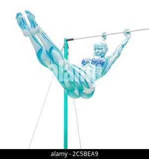 muscle femme faisant un gymnastique sur la barre horizontale dans fond blanc, illustration 3d Banque D'Images