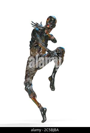 zombie danse dans la rue sur fond blanc, illustration 3d Banque D'Images