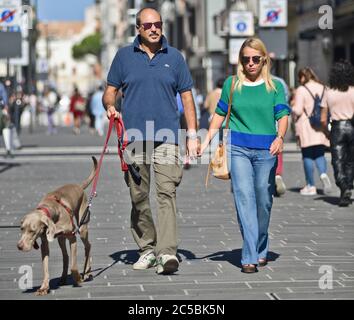 Couple italien marchant leur chien Weimaraner dans la via Sparano da Bari. Bari, Italie Banque D'Images