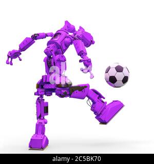 sympathique robot joue au football dans un arrière-plan blanc, vue arrière, illustration 3d Banque D'Images