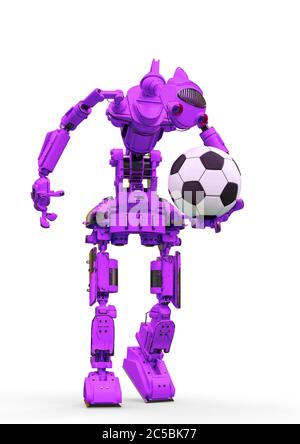 un robot sympathique tient une balle de football sur fond blanc, illustration 3d Banque D'Images