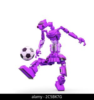 sympathique robot joue au football sur fond blanc, illustration 3d Banque D'Images