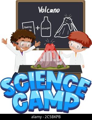 Logo du camp scientifique et illustrations d'expériences scientifiques sur le volcan Illustration de Vecteur