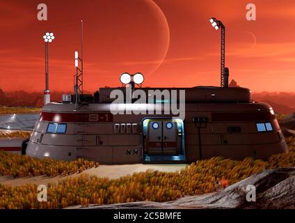 base dans une autre planète image tachée d'une vue de maison de face, illustration 3d Banque D'Images