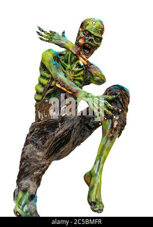 zombie danse dans la rue sur fond blanc gros plan, illustration 3d Banque D'Images