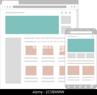 Illustration de la disposition des pages Web en mode filaire / modèle de conception Web pour navigateur PC , smartphone. Illustration de Vecteur