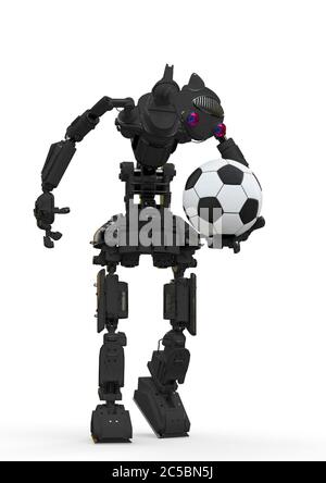 un robot sympathique tient une balle de football sur fond blanc, illustration 3d Banque D'Images