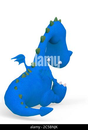 le dessin animé du dragon de bébé est triste dans un arrière-plan blanc, vue arrière, illustration 3d Banque D'Images