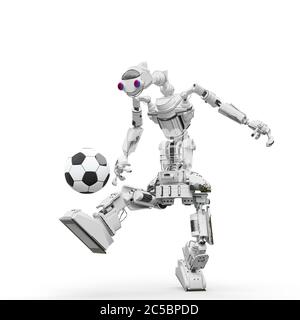 sympathique robot joue au football sur fond blanc, illustration 3d Banque D'Images