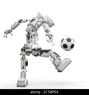 sympathique robot joue au football dans un arrière-plan blanc, vue arrière, illustration 3d Banque D'Images