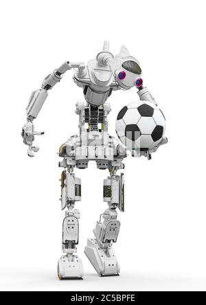 un robot sympathique tient une balle de football sur fond blanc, illustration 3d Banque D'Images