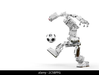 sympathique robot joue au football dans un fond blanc vue latérale avec espace de copie, illustration 3d Banque D'Images